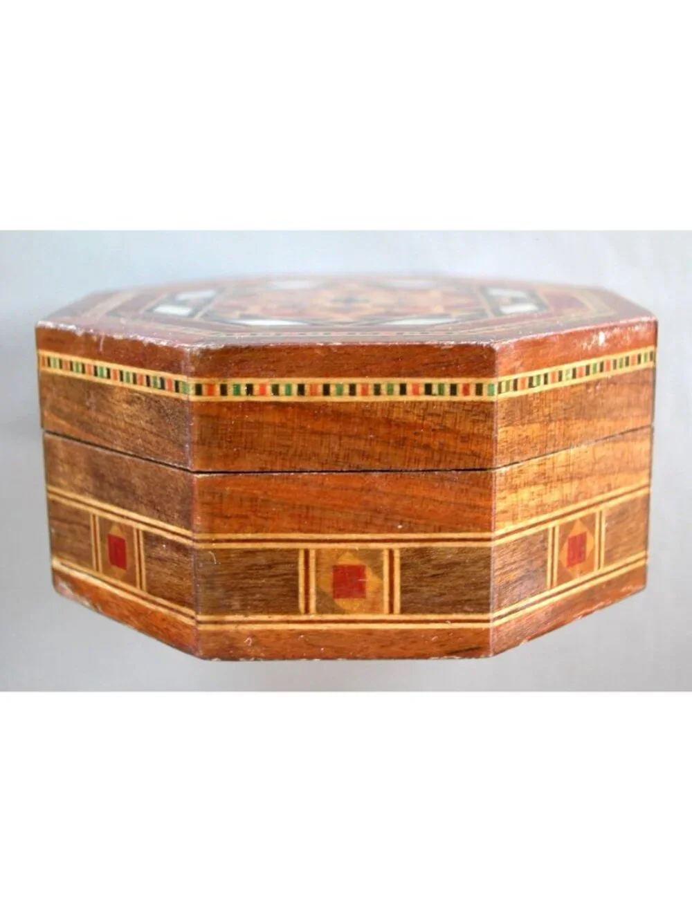 Wooden Lacquer Jewelry Box Octagonal w/ Mosaic Mother of Pearl Inlay